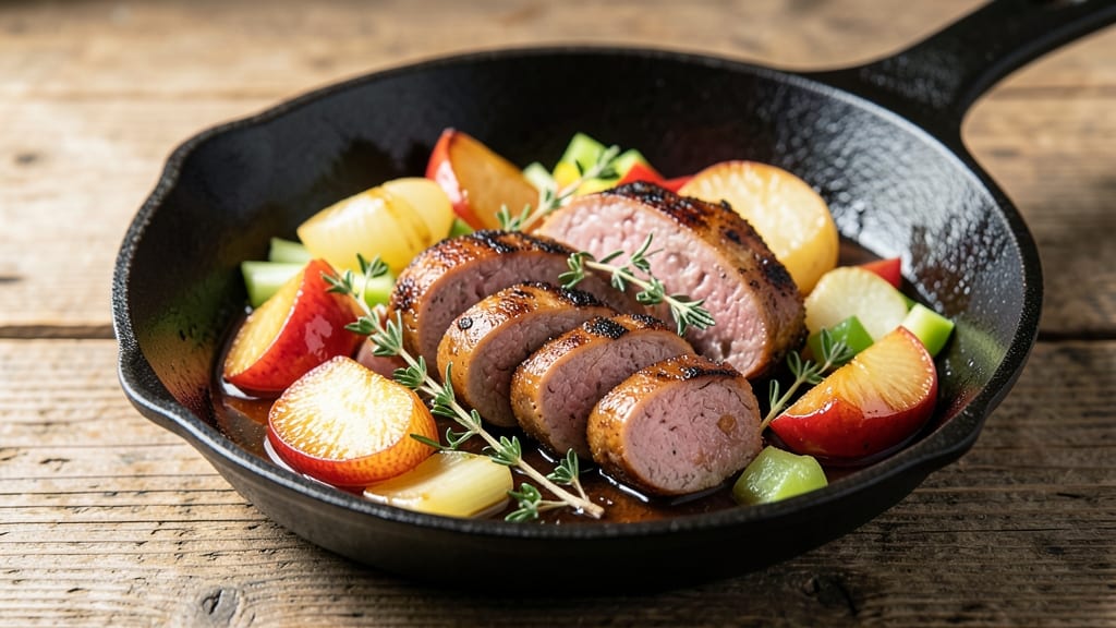 Apple Venison Sausage Recipe: Sweet-Tart Braise with Celery-Pepper Crunch