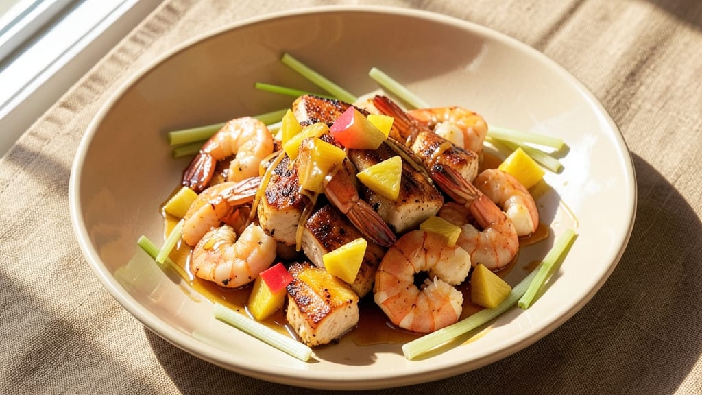 Crispy Pineapple Chicken and Shrimp Recipe: Sweet-Tart Glaze With Crunchy Celery Twist
