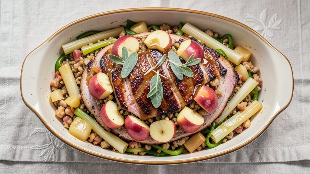 Apple Stuffed Boneless Pork Loin Roast Recipe: Celery-Pepper Crunch and Apple Caramelized Core