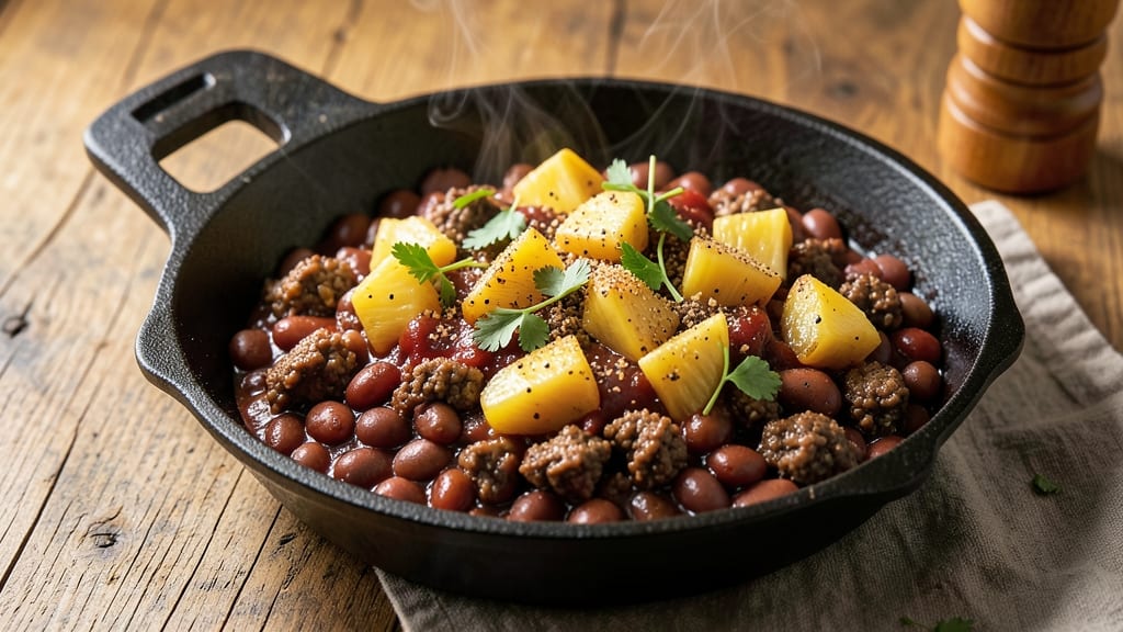 Baked Beans With Ground Beef and Pineapple Recipe: Sweet-Tart Gloss That Caramelizes Beef